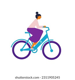 Woman riding electric bicycle. Flat vector illustration