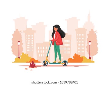Woman riding electric kick scooter. Eco transport concept. Vector illustration