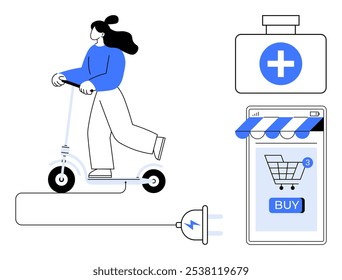 Mujer montando una vespa eléctrica al lado del Carrito de compras en línea y el símbolo de la atención médica. Ideal para la tecnología de transporte sostenible, la compra en línea de productos sanitarios y ecológicos. Moderno simplista