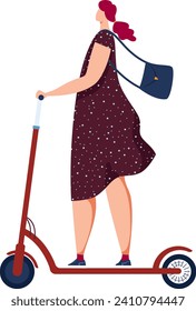 Woman riding electric scooter in casual attire. Modern urban transportation. Eco-friendly commute vector illustration.