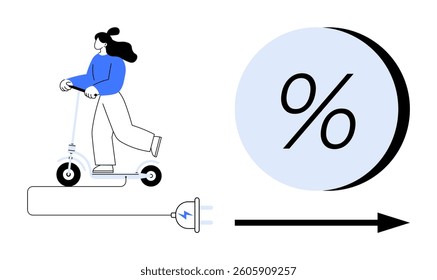 Woman riding electric scooter connected to charging plug, next to percentage symbol and arrow. Ideal for energy usage, eco-friendly transportation, electric vehicles, sustainability, renewable