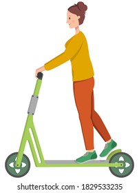 Woman riding electric scooter. Female character in cartoon style.