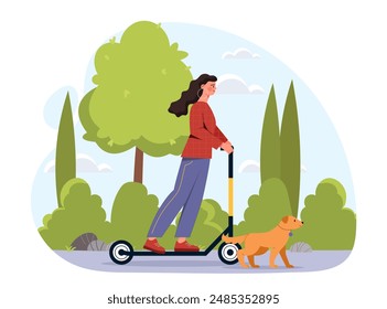 Woman riding electric scooter. Young girl at eco friendly transport. Active lifestyle and leisure outdoors. Person at escooter in city park. Flat vector illustration isolated on white background