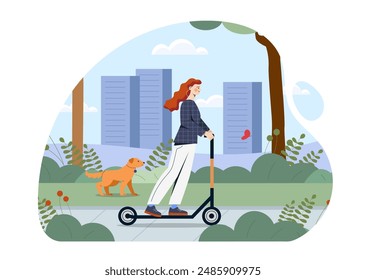 Woman riding electric scooter. Young girl rides in park on environmentally friendly transport. Active lifestyle and leisure outdoors. Cartoon vector illustration isolated on white background