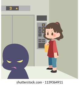 Woman riding the elevator with caution