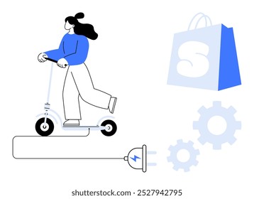 Mulher montando e-scooter com plugue e símbolo de energia, engrenagens e saco de compras no fundo. Ideal para comércio eletrônico, mobilidade urbana, energia ecológica, inovação tecnológica e compras inteligentes. Arte de linha minimalista