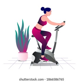 Woman riding an exercise bike in gym. Woman workout fitness, aerobic and exercises. Vector Illustration.