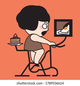 Woman Riding An Exercise Bike While Seriously Watching Food Cooking TV Show Concept Card Character illustration