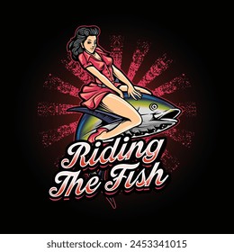 A woman riding a fish vintage style illustration for t-shirt