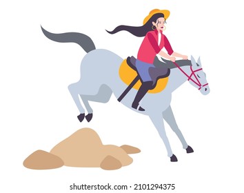 Woman riding gray horse flat icon on white background vector illustration