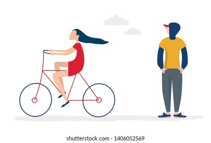 Woman riding her bike. Man standing and looking at girl. Vector