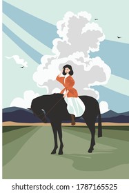 Woman is riding horse in the Caucasus Vector Fashion Illustration 