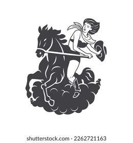 a woman riding a horse with a cowboy hat in her hand vector illustration