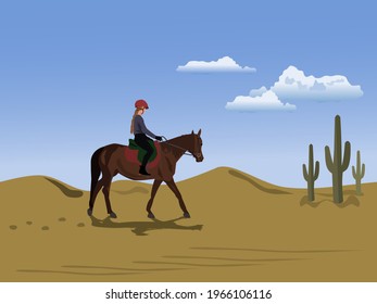 A woman riding a horse in the desert with sky and clouds in the background.