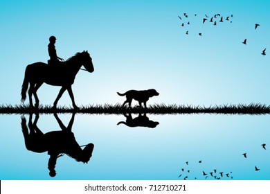 Woman riding a horse and dog silhouettes