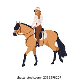 Woman riding horse. Stallion trotting with equestrian on horseback. Equine stroll, horseriding hobby, activity. Happy girl rider, horsewoman. Flat vector illustration isolated on white background