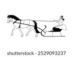 Woman riding a horse-drawn sleigh in winter clothing, minimalist black and white illustration