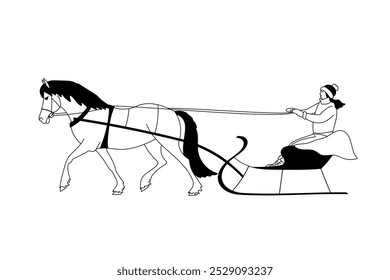 Mulher montando um trenó puxado por cavalos com roupas de inverno, ilustração minimalista em preto e branco