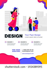Woman riding hoverboard. Girl holding takeaway coffee cup flat vector illustration. Eco transport, transportation concept for banner, website design or landing web page