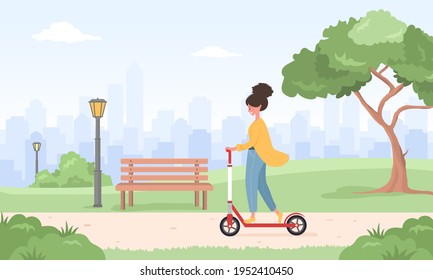 Woman riding kick scooter around city. Spring or summer landscape. Happy young girl at park. Sports and leisure outdoor activity. Eco transport. Vector illustration in flat cartoon style.