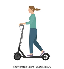 Woman riding kick scooter. Girl riding electric scooter. Isolated flat vector illustration  