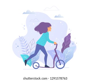 Woman riding a kick scooter in park vector illustration.