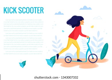 Woman riding a kick scooter in park vector illustration.