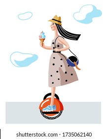 Woman riding monowheel flat vector illustration. Young lady in summer dress cartoon character. Girl with ice cream using eco transport, electric vehicle. Contemporary technology for city travel