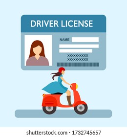 A woman riding motorbike. Driver license concept vector illustration. Renew driving license idea in flat design. Identity card.