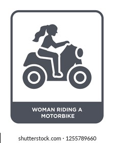 woman riding a motorbike icon vector on white background, woman riding a motorbike trendy filled icons from Ladies collection, woman riding a motorbike simple element illustration