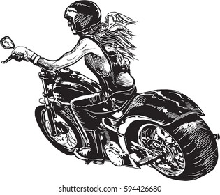 An woman riding motorcycle. Freehand drawing, sketch. Isolated on white, An hand drawn vector, freehand sketching. 