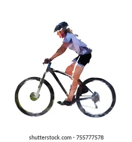 Woman riding mountain bike, low poly isolated vector illustration. Mountain bike cycling