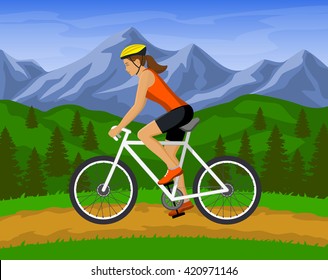 Woman riding mountain bike vector illustration. Outdoor activity. Woman cyclist biking outdoor