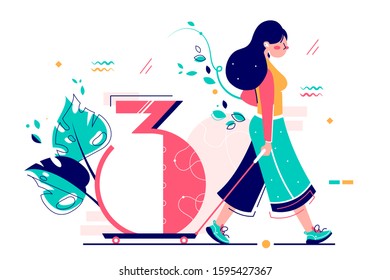 Woman riding number three on wheels vector illustration. Girl walking away with cipher tree flat style design. Count or decoration for festive event concept