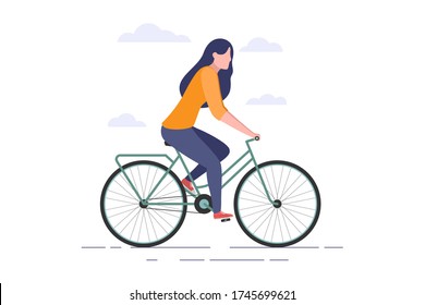 Woman riding on bicycle. Female rides a bike with clouds behind. Flat style vector web illustration isolated on white background.