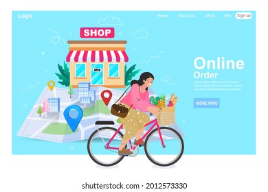 Woman riding on a bicycle with goods in a basket. Young female character riding a bike, millennial lifestyle, daily routine. online shopping. Purchases in Shop Paper Bag. Vector Illustration.