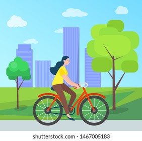 Woman riding on bicycle in green city park with trees and houses on background. Vector cartoon style girl cycling outdoors, cyclist female, summertime. Flat cartoon