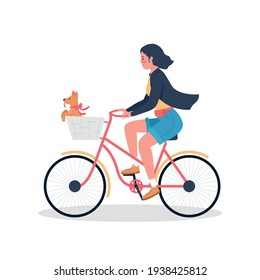 Woman riding on bicycle with puppy in basket flat color vector detailed character. Dog owner on bike. Animal care. Lifestyle isolated cartoon illustration for web graphic design and animation