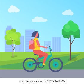 Woman riding on bike on background of green trees and houses. Vector teenager girl on bicycle in city park, having fun outdoors in summertime concept