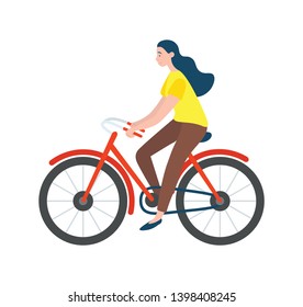 Woman riding on bike isolated vector cartoon character. Vector female bicyclist cycling on modern eco transport profile view. Active way of life, healthy lifestyle