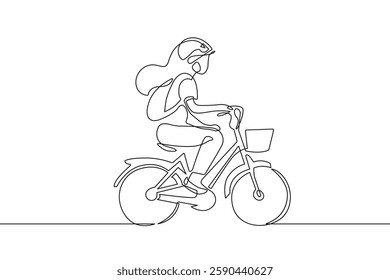 Woman Riding on Bike One Line Vector Illustration. Continuous Single Line Drawing of Happy Woman on Bicycle. Female Cyclist Hand Drawn Contour Silhouette Outline Style. Not AI