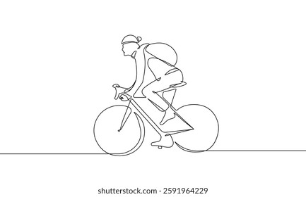 Woman Riding on Bike One Line Vector Illustration. Continuous Single Line Drawing of Happy Woman on Bicycle. Female Cyclist Hand Drawn Contour Silhouette Outline Style. Not AI