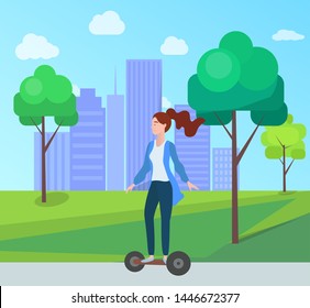 Woman riding on electric scooter in green city park with trees and houses on background. Vector cartoon style girl on self-balancing board, new hoverboard gadget