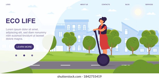 Woman riding on electric unicycle. Concept of ecological transportation in modern city. Young girl in green park. Flat cartoon vector illustration. Website, web page or landing page template
