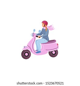 Woman riding on a motorbike. Vector illustration in a flat cartoon style.