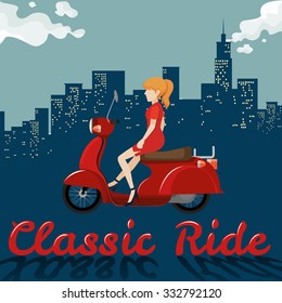 Woman riding on red motorcycle illustration