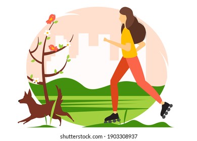 Woman riding on roller skates in the park. Vector spring illustration in flat style.