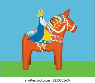 Woman riding on Swedish national symbol, the Dalahäst. She is wearing national dress with flowers in her hair, as at midsummer, called Midsommar in Swedish. Vector illustration.