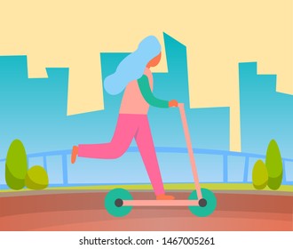 Woman riding on two wheeled open motor vehicle in park, city buildings on background. Vector profile view of girl on scooter, summer recreation activities. Flat cartoon