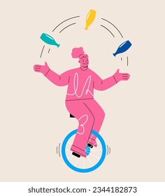 Woman is riding on unicycle and juggling different tasks. Multitasking concept. Colorful vector illustration
